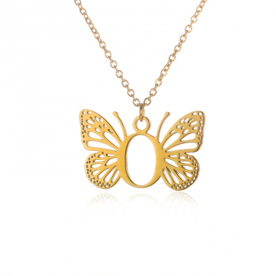 Immagine di 304 Acciaio Inossidabile Elegante Cavo Catena Collana 18K Oro Placcato Farfalla Lettera Maiuscola Messaggio " O " Filigrana 38cm Lunghezza, 1 Pz