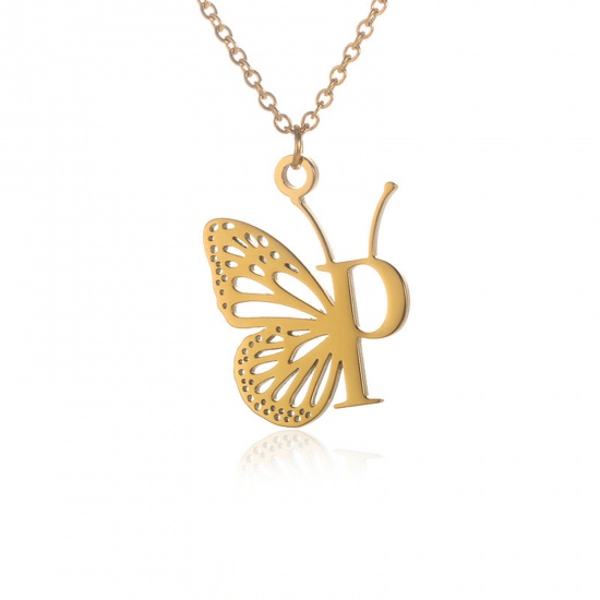 Immagine di 304 Acciaio Inossidabile Elegante Cavo Catena Collana 18K Oro Placcato Farfalla Lettera Maiuscola Messaggio " P " Filigrana 38cm Lunghezza, 1 Pz