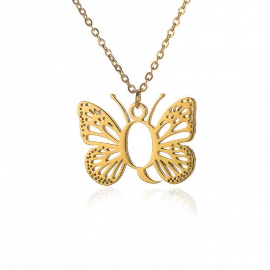 Immagine di 304 Acciaio Inossidabile Elegante Cavo Catena Collana 18K Oro Placcato Farfalla Lettera Maiuscola Messaggio " Q " Filigrana 38cm Lunghezza, 1 Pz