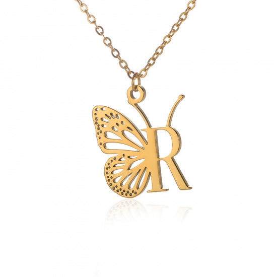 Immagine di 304 Acciaio Inossidabile Elegante Cavo Catena Collana 18K Oro Placcato Farfalla Lettera Maiuscola Messaggio " R " Filigrana 38cm Lunghezza, 1 Pz