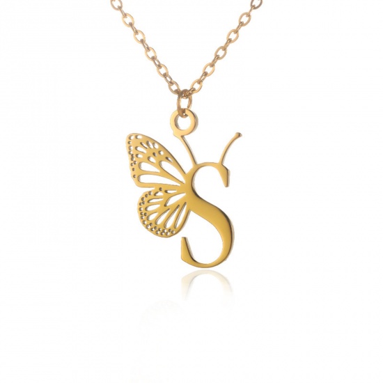 Immagine di 304 Acciaio Inossidabile Elegante Cavo Catena Collana 18K Oro Placcato Farfalla Lettera Maiuscola Messaggio " S " Filigrana 38cm Lunghezza, 1 Pz