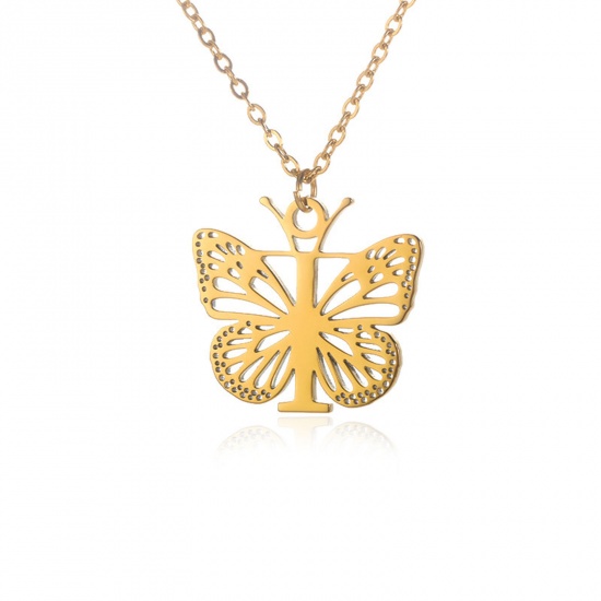 Immagine di 304 Acciaio Inossidabile Elegante Cavo Catena Collana 18K Oro Placcato Farfalla Lettera Maiuscola Messaggio " T " Filigrana 38cm Lunghezza, 1 Pz
