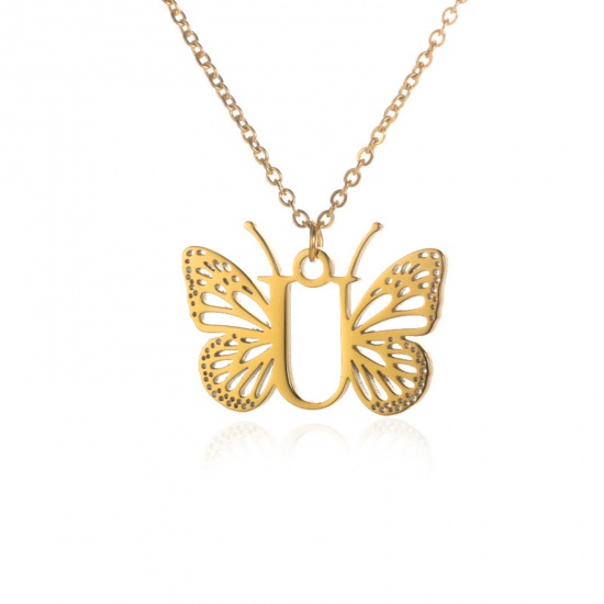 Immagine di 304 Acciaio Inossidabile Elegante Cavo Catena Collana 18K Oro Placcato Farfalla Lettera Maiuscola Messaggio " U " Filigrana 38cm Lunghezza, 1 Pz