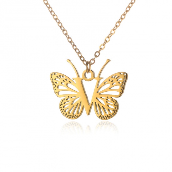 Immagine di 304 Acciaio Inossidabile Elegante Cavo Catena Collana 18K Oro Placcato Farfalla Lettera Maiuscola Messaggio " V " Filigrana 38cm Lunghezza, 1 Pz