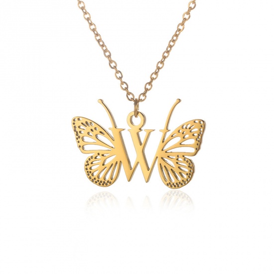 Immagine di 304 Acciaio Inossidabile Elegante Cavo Catena Collana 18K Oro Placcato Farfalla Lettera Maiuscola Messaggio " W " Filigrana 38cm Lunghezza, 1 Pz