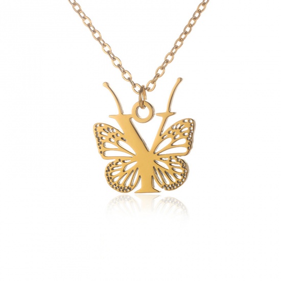 Immagine di 304 Acciaio Inossidabile Elegante Cavo Catena Collana 18K Oro Placcato Farfalla Lettera Maiuscola Messaggio " Y " Filigrana 38cm Lunghezza, 1 Pz