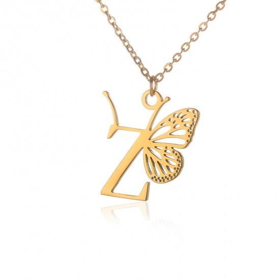 Immagine di 304 Acciaio Inossidabile Elegante Cavo Catena Collana 18K Oro Placcato Farfalla Lettera Maiuscola Messaggio " Z " Filigrana 38cm Lunghezza, 1 Pz