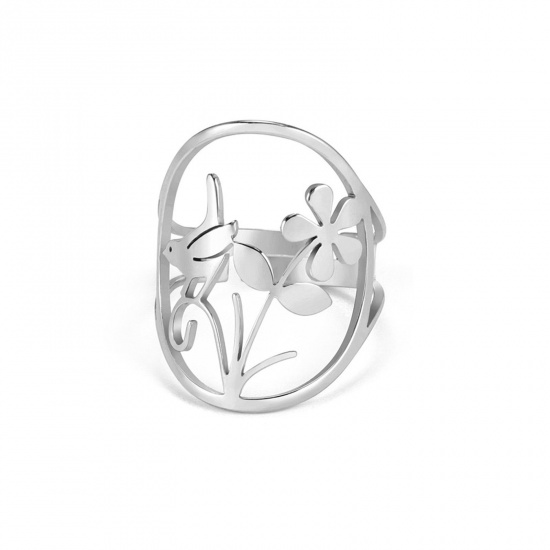 Bild von 304 Edelstahl Stilvoll Offen Verstellbar Ring Silberfarbe Vögel Blumen 17.3mm（US Größe:7), 1 Stück