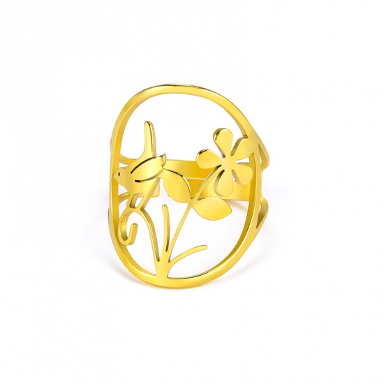 Bild von 304 Edelstahl Stilvoll Offen Verstellbar Ring 18K Gold plattiert Vögel Blumen 17.3mm（US Größe:7), 1 Stück
