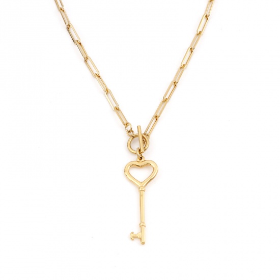 Immagine di 304 Acciaio Inossidabile Elegante Catena a Graffetta Collana Oro Placcato Cuore Chiave 49.5cm Lunghezza, 1 Pz