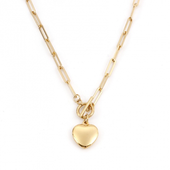 Immagine di 304 Acciaio Inossidabile Elegante Catena a Graffetta Collana Oro Placcato Cuore 49.5cm Lunghezza, 1 Pz
