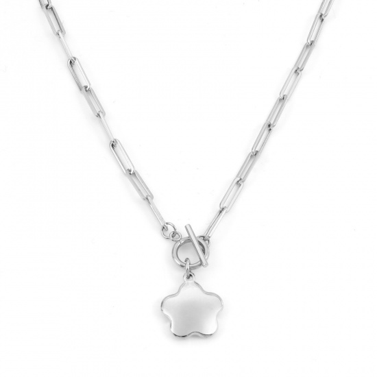 Immagine di 304 Acciaio Inossidabile Elegante Catena a Graffetta Collana Tono Argento Fiore 49.5cm Lunghezza, 1 Pz