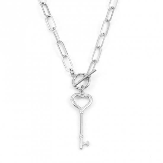 Immagine di 304 Acciaio Inossidabile Elegante Catena a Graffetta Collana Tono Argento Cuore Chiave 50cm Lunghezza, 1 Pz