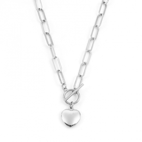 Immagine di 304 Acciaio Inossidabile Elegante Catena a Graffetta Collana Tono Argento Cuore 50cm Lunghezza, 1 Pz
