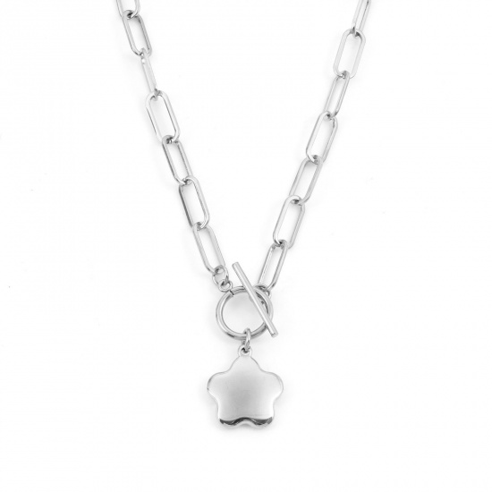 Immagine di 304 Acciaio Inossidabile Elegante Catena a Graffetta Collana Tono Argento Fiore 50cm Lunghezza, 1 Pz