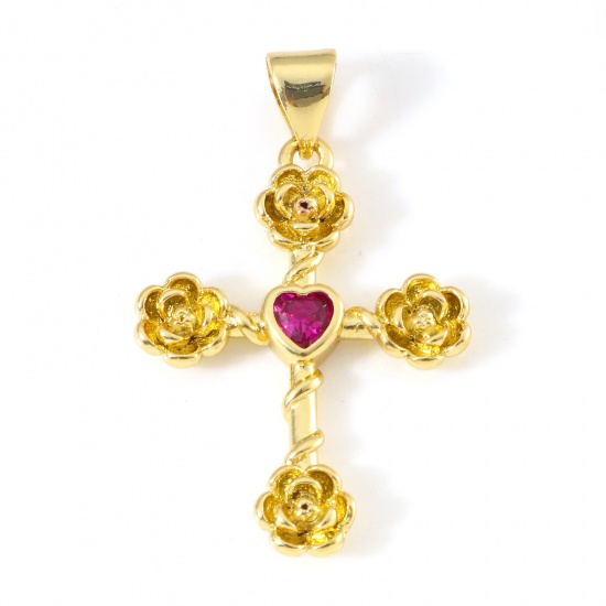 Immagine di Rame Religione Ciondoli Oro Placcato Croce Fiore Rosso Prugna Cubic Zirconiae 3cm x 1.9cm, 1 Pz