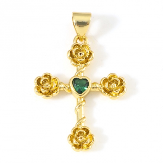 Immagine di Rame Religione Ciondoli Oro Placcato Croce Fiore Verde Cubic Zirconiae 3cm x 1.9cm, 1 Pz