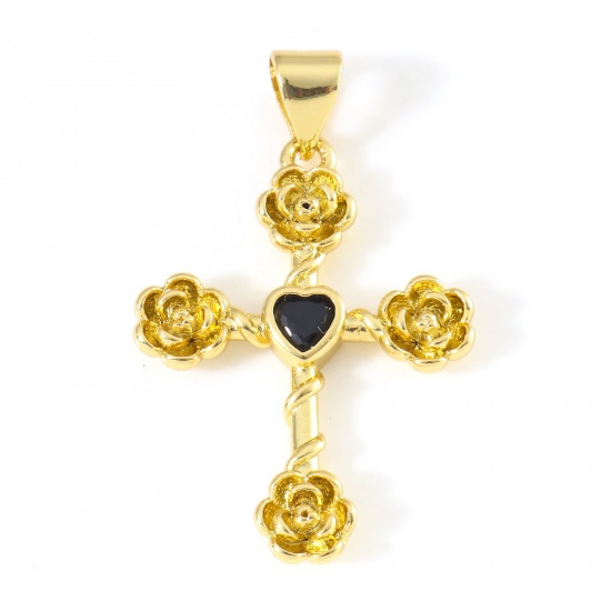 Immagine di Rame Religione Ciondoli Oro Placcato Croce Fiore Nero Cubic Zirconiae 3cm x 1.9cm, 1 Pz