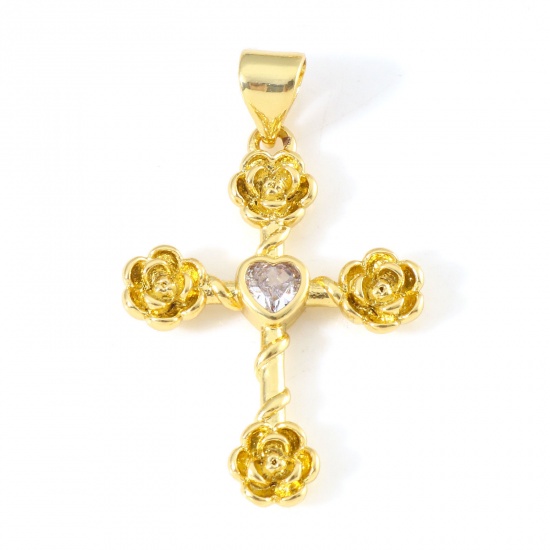 Immagine di Rame Religione Ciondoli Oro Placcato Croce Fiore Trasparente Cubic Zirconiae 3cm x 1.9cm, 1 Pz