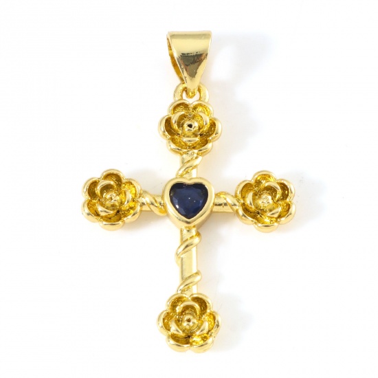 Immagine di Rame Religione Ciondoli Oro Placcato Croce Fiore Blu Scuro Cubic Zirconiae 3cm x 1.9cm, 1 Pz