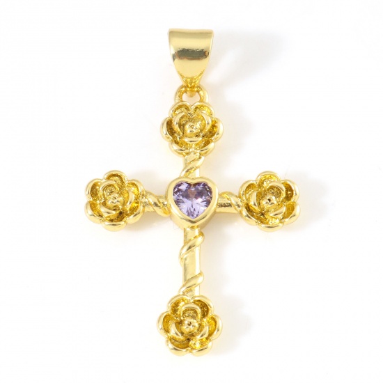Immagine di Rame Religione Ciondoli Oro Placcato Croce Fiore Viola Pallido Cubic Zirconiae 3cm x 1.9cm, 1 Pz