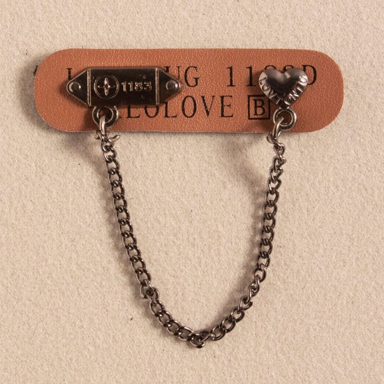 Immagine di PU Etichetta Etichetta per Abbigliamento Catena a Maglie Marrone Chiaro Tono Argento 6cm x 1.5cm , 10 Pz