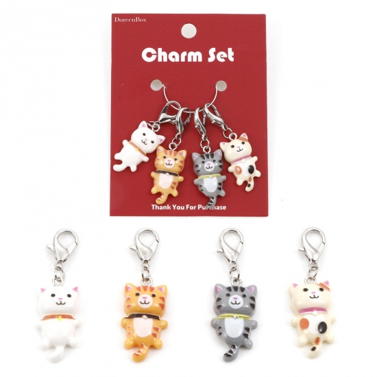Picture of Zinc Based Alloy & Resin Clip On Charms For Vintage Charm Bracelets Knitting Stitch Markers Silver Tone Multicolor Cat Animal 4.6cm x 1.5cm, 1 Set ( 4 PCs/Set)