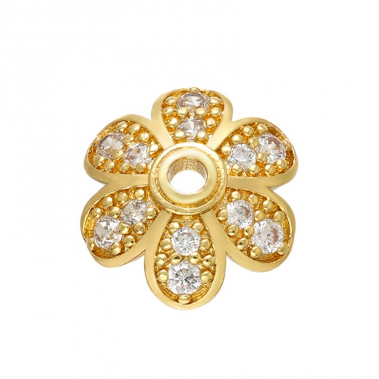 Bild von Kupfer & Kubisch Zirkonia Perlkappen Blumen Vergoldet Transparent Micro Pave 9mm Dia., 1 Stück