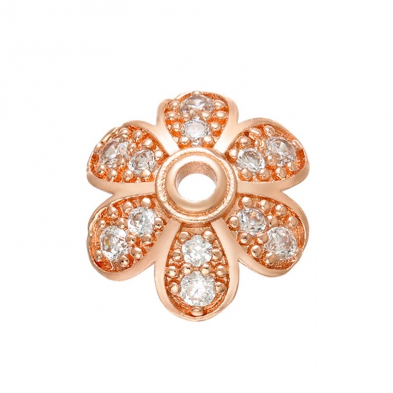 Bild von Kupfer & Kubisch Zirkonia Perlkappen Blumen Rosegold Transparent Micro Pave 9mm Dia., 1 Stück