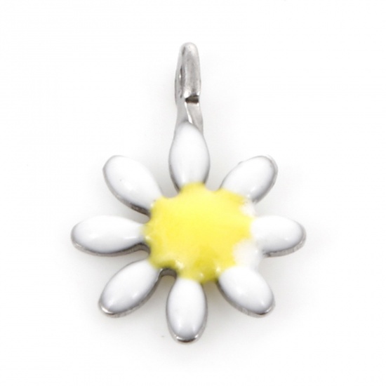 Bild von 304 Edelstahl Flora Kollektion Charms Silberfarbe Weiß Blumen Doppelseitige Emaille 10mm x 7mm, 10 Stück