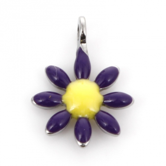 Bild von 304 Edelstahl Flora Kollektion Charms Silberfarbe Violett Blumen Doppelseitige Emaille 10mm x 7mm, 10 Stück