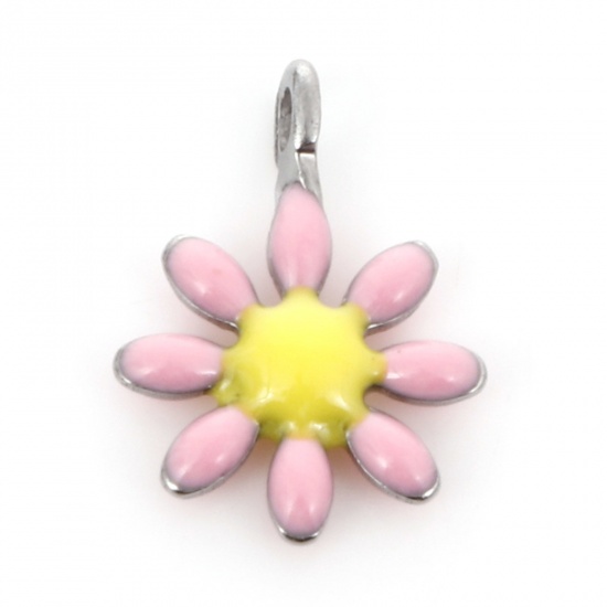 Bild von 304 Edelstahl Flora Kollektion Charms Silberfarbe Pfirsichrosa Blumen Doppelseitige Emaille 10mm x 7mm, 10 Stück