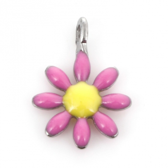 Bild von 304 Edelstahl Flora Kollektion Charms Silberfarbe Fuchsie Blumen Doppelseitige Emaille 10mm x 7mm, 10 Stück