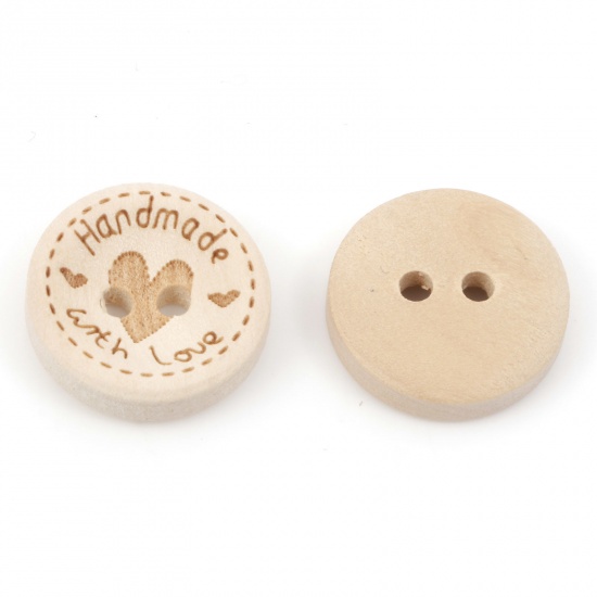 Picture of Wood Sewing Buttons Scrapbooking 2 Holes Round Natural Heart Message " Hand Made With Love " 15mm Dia., 100 PCs