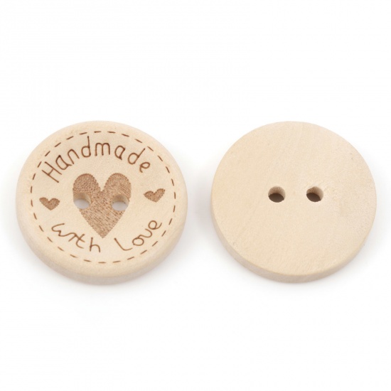 Bild von Holz Knöpfe für Aufnähen Scrapbooking 2 Löcher Rund Naturfarben Herz Message " Hand Made With Love " 25mm D., 100 Stück