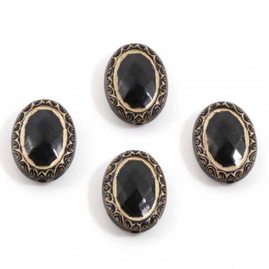 Bild von Acryl Retro Perlen für die Herstellung von DIY-Charme-Schmuck Schwarz Oval Geschnitzte Muster ca. 17.5mm x 13mm, Loch:ca. 1.5mm, 10 Stück