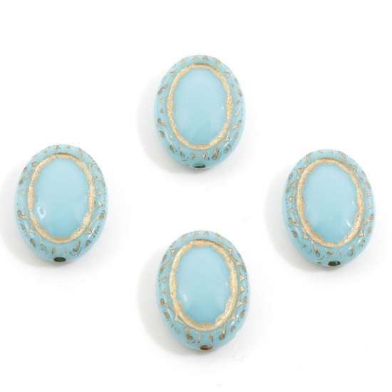 Bild von Acryl Retro Perlen für die Herstellung von DIY-Charme-Schmuck Azurblau Oval Geschnitzte Muster ca. 17.5mm x 13mm, Loch:ca. 1.5mm, 10 Stück