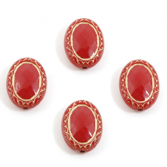Bild von Acryl Retro Perlen für die Herstellung von DIY-Charme-Schmuck Rot Oval Geschnitzte Muster ca. 17.5mm x 13mm, Loch:ca. 1.5mm, 10 Stück