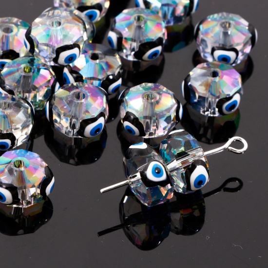 Bild von Glas Religiös Perlen für die Herstellung von DIY-Charme-Schmuck Abakus Schwarz AB Farbe Böser Blick Evil Eye Transparent Facettiert ca. 10mm D., Loch: 1.3mm, 2 Stück