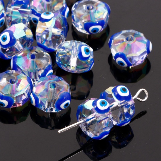 Bild von Glas Religiös Perlen für die Herstellung von DIY-Charme-Schmuck Abakus Saphirblau AB Farbe Böser Blick Evil Eye Transparent Facettiert ca. 10mm D., Loch: 1.3mm, 2 Stück
