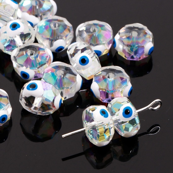 Bild von Glas Religiös Perlen für die Herstellung von DIY-Charme-Schmuck Abakus Weiß AB Farbe Böser Blick Evil Eye Transparent Facettiert ca. 10mm D., Loch: 1.3mm, 2 Stück
