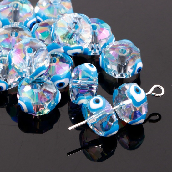 Bild von Glas Religiös Perlen für die Herstellung von DIY-Charme-Schmuck Abakus Blau AB Farbe Böser Blick Evil Eye Transparent Facettiert ca. 10mm D., Loch: 1.3mm, 2 Stück