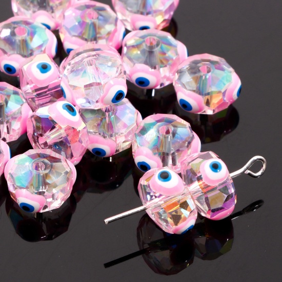 Bild von Glas Religiös Perlen für die Herstellung von DIY-Charme-Schmuck Abakus Rosa AB Farbe Böser Blick Evil Eye Transparent Facettiert ca. 10mm D., Loch: 1.3mm, 2 Stück