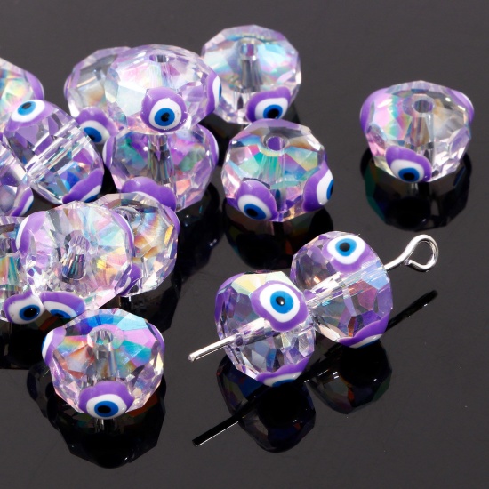 Bild von Glas Religiös Perlen für die Herstellung von DIY-Charme-Schmuck Abakus Lila AB Farbe Böser Blick Evil Eye Transparent Facettiert ca. 10mm D., Loch: 1.3mm, 2 Stück