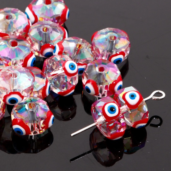 Bild von Glas Religiös Perlen für die Herstellung von DIY-Charme-Schmuck Abakus Rot AB Farbe Böser Blick Evil Eye Transparent Facettiert ca. 10mm D., Loch: 1.3mm, 2 Stück