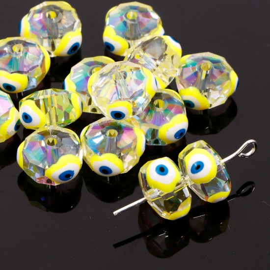 Bild von Glas Religiös Perlen für die Herstellung von DIY-Charme-Schmuck Abakus Gelb AB Farbe Böser Blick Evil Eye Transparent Facettiert ca. 10mm D., Loch: 1.3mm, 2 Stück