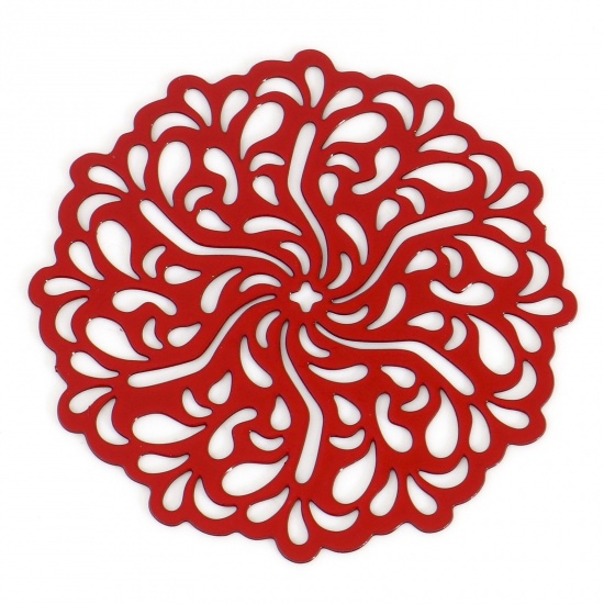 Bild von Eisenlegierung Filigran Stempel Verzierung Verbinder Blumen Rot Spritzlackierung, 3.4cm x 3.3cm, 5 Stück