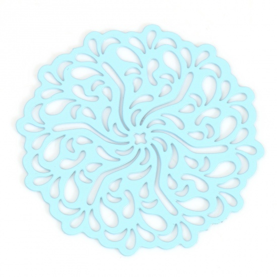 Bild von Eisenlegierung Filigran Stempel Verzierung Verbinder Blumen Hellblau Spritzlackierung, 3.4cm x 3.3cm, 5 Stück