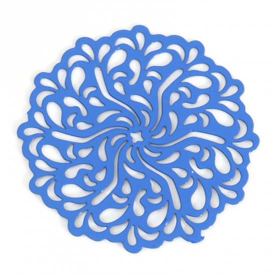 Bild von Eisenlegierung Filigran Stempel Verzierung Verbinder Blumen Saphirblau Spritzlackierung, 3.4cm x 3.3cm, 5 Stück
