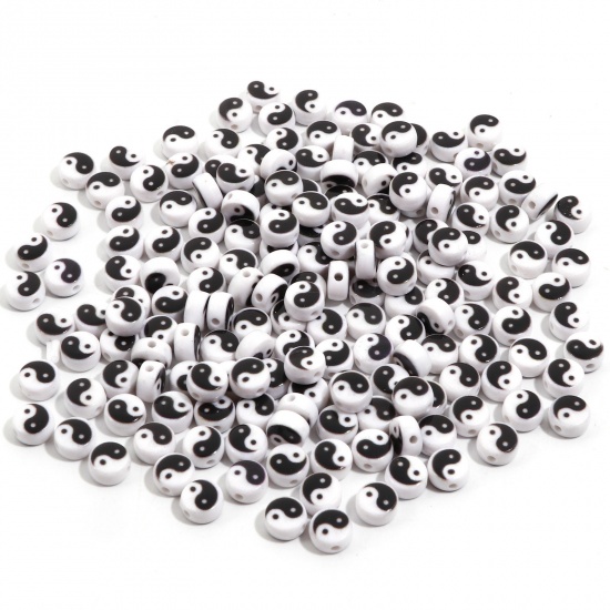 Picture of Acrylic Religious Beads For DIY Charm Jewelry Making Black & White Flat Round Yin Yang Symbol About 7mm Dia., Hole: Approx 1.3mm, 500 PCs